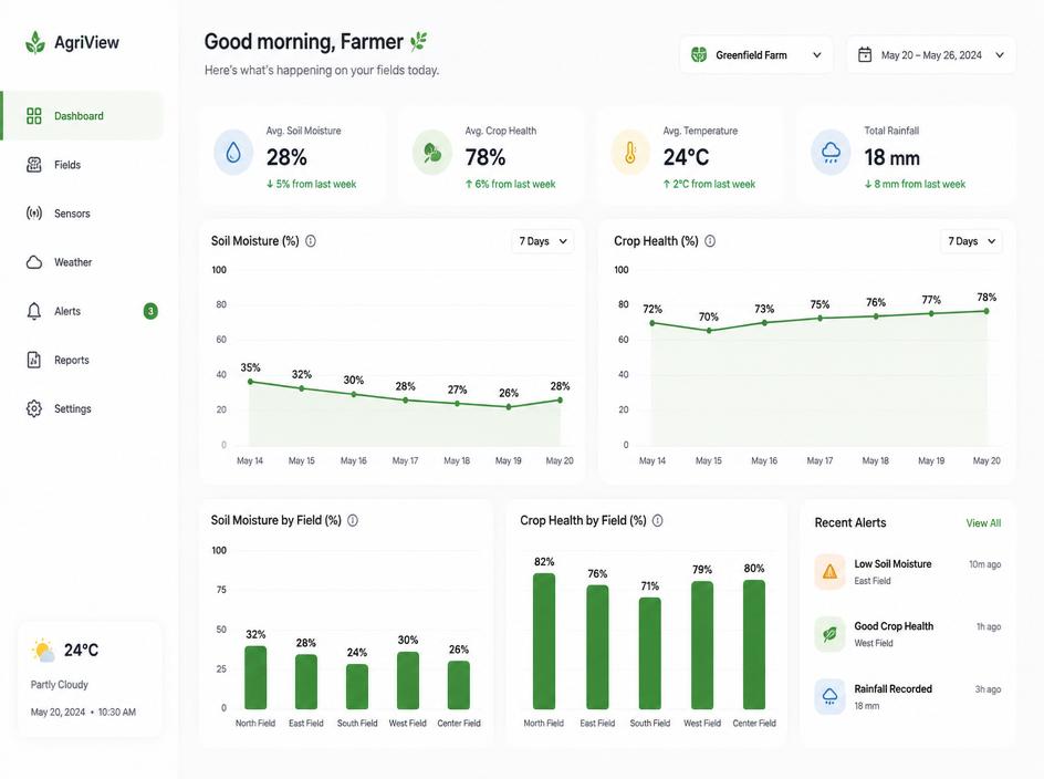 Clean agricultural dashboard showing soil moisture and crop health charts