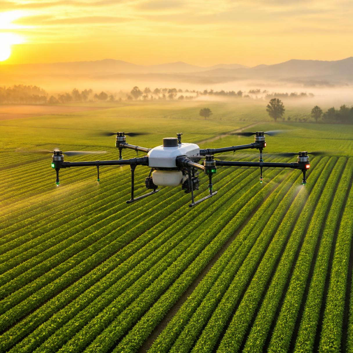 Agricultural drone flying over a precision-irrigated field at sunrise