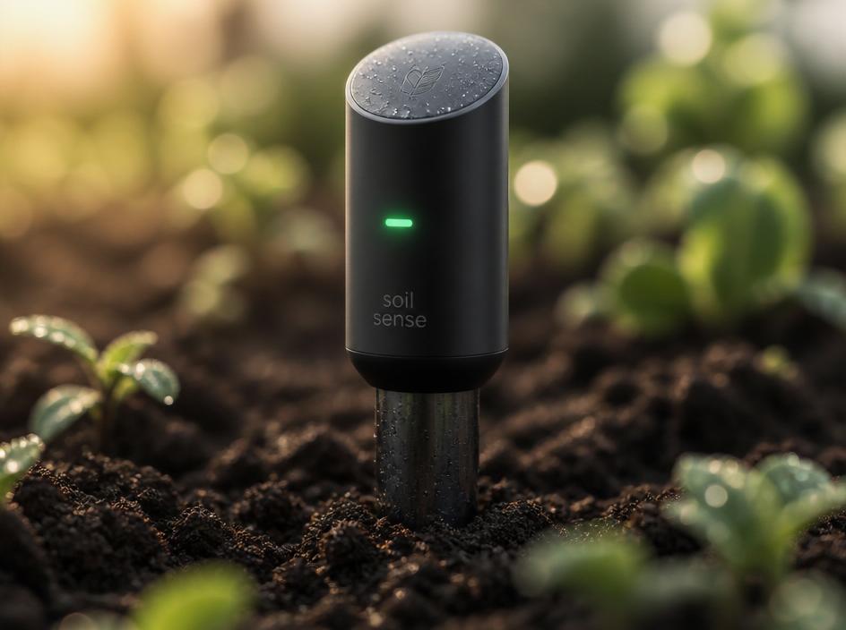 Sleek IoT soil probe with a glowing status light installed in rich soil