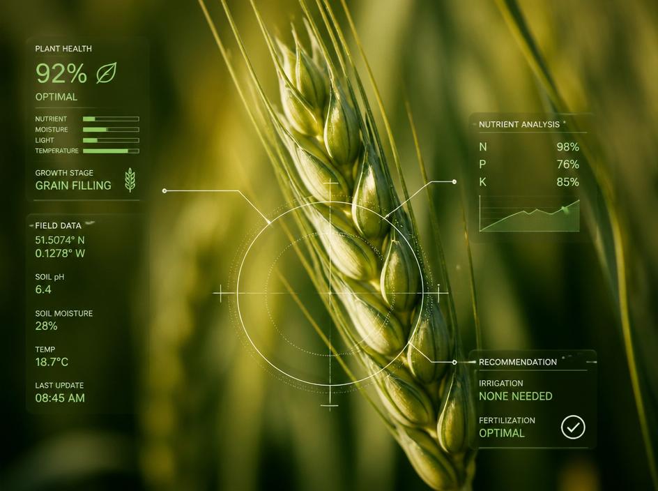 Wheat stalk with digital plant health overlay showing nutrient analysis